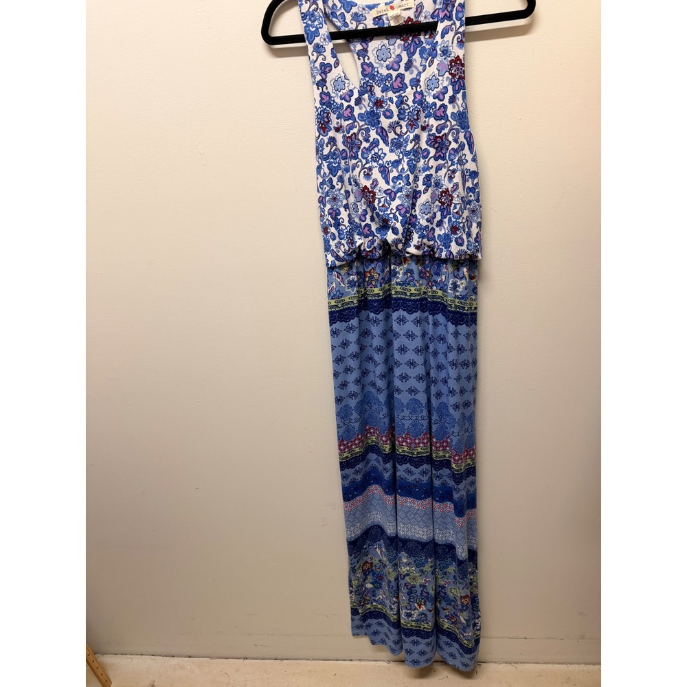 Derek Heart Blue Floral Boho Racerback Blouson Maxi Dress Large - Picture 2 of 5